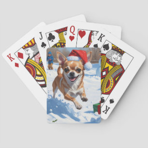 Jeu De Cartes Chihuahua courant dans la neige avec un chapeau de