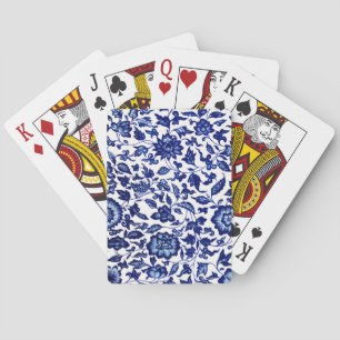 Jeu De Cartes Chinois bleu marine foncé motif floral sur blanc