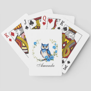 Jeu De Cartes Chouette bleu aquarelle et fille Rose