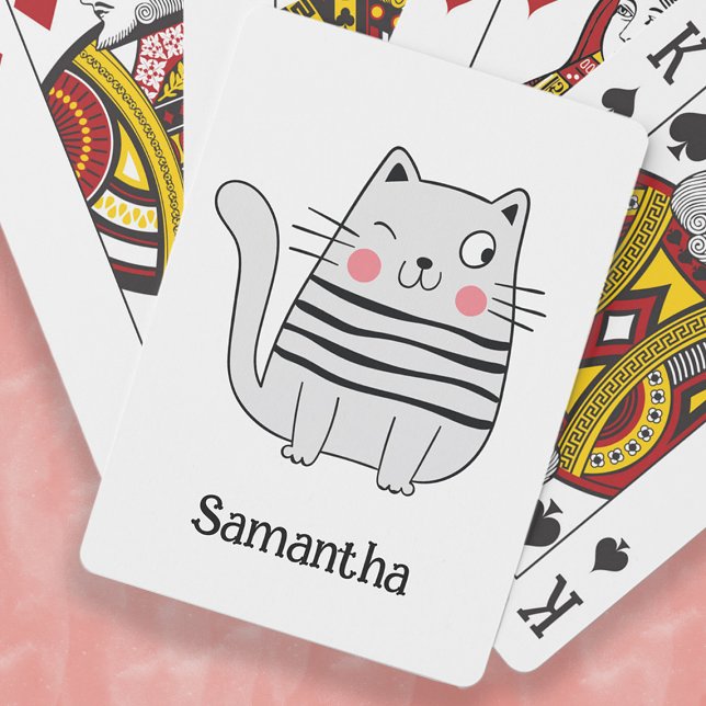 Jeu De Cartes Chouette Chat Drôle Clin d'Œil Nom Monogramme (Cute, funny winking cat playing cards. Personalize with your name.)