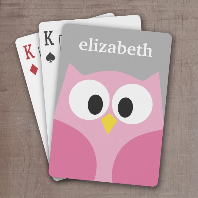 Jeu De Cartes Chouette de dessin mignonne - Nom personnalisé ros (Cute Personalized playing cards with a cartoon owl and a monogram or name)