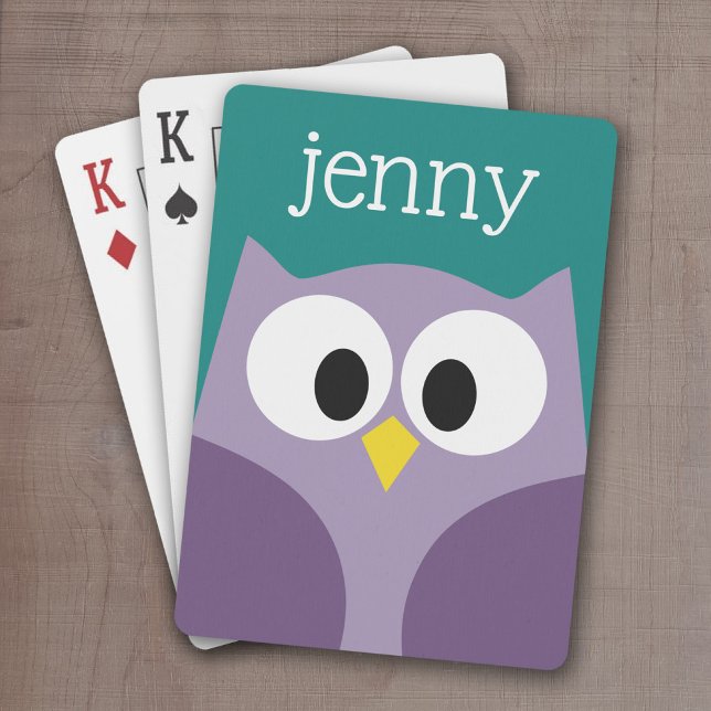 Jeu De Cartes Chouette de dessin mignonne Purple et turquoise No (Cute Personalized playing cards with a cartoon owl and a monogram or name)
