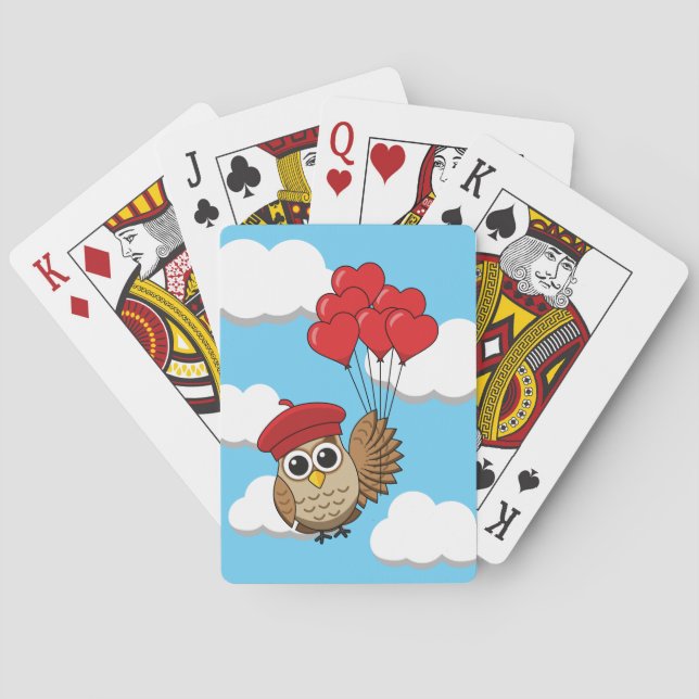 Jeu De Cartes Chouette mignonne volant avec des ballons de coeur (dos)