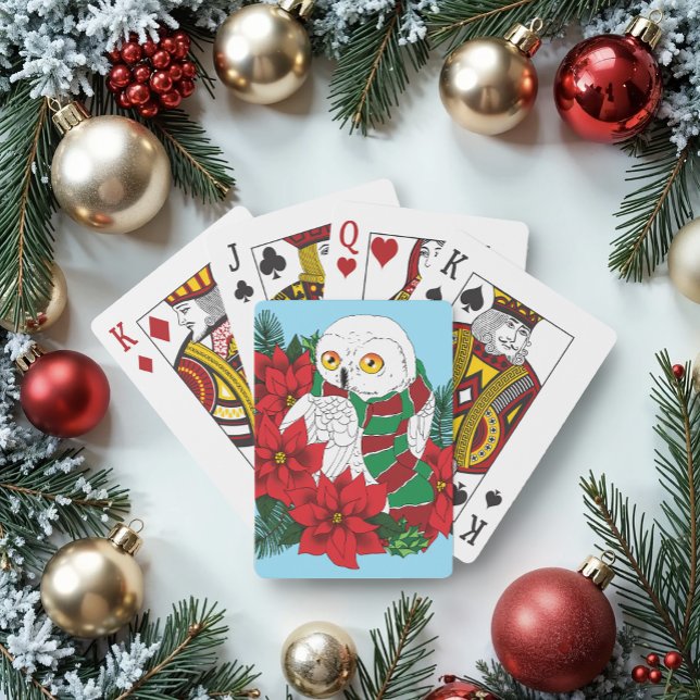 Jeu De Cartes Chouette neigeuse Poinsettias rouges Noël (Créateur téléchargé)