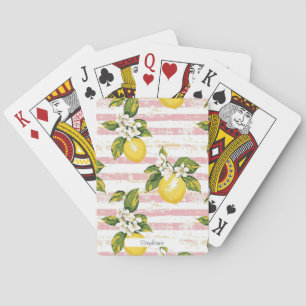 Jeu De Cartes Citrons et fleurs vintages sur bandes rose et blan