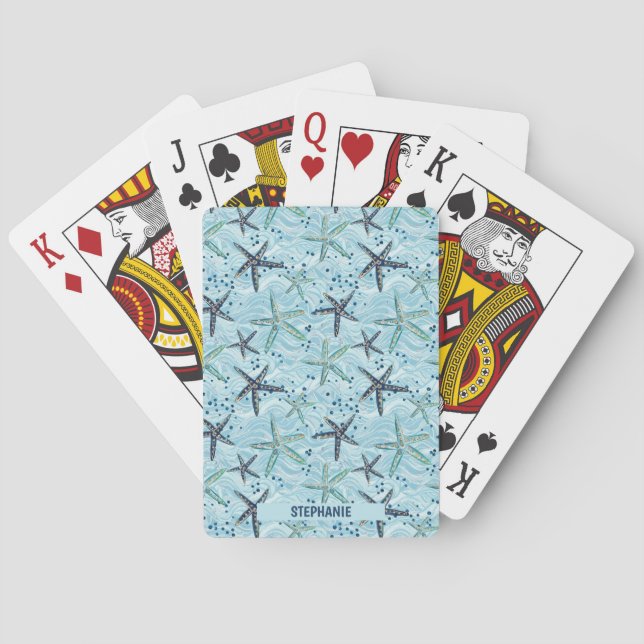 Jeu De Cartes Clair bleu et or Starfish sur Ocean Wave Motif (dos)
