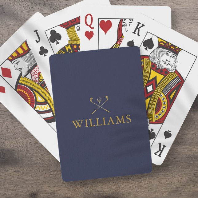 Jeu De Cartes Clubs de golf personnalisés avec nom en bleu marin (Personalized Name Navy Blue And Gold Golf Clubs Playing Cards)
