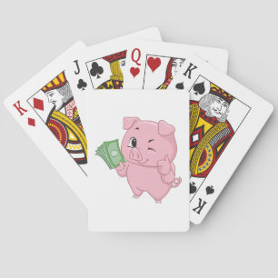 Jeu De Cartes Cochon Rose Tenant de l'Argent Comptant Faisant un