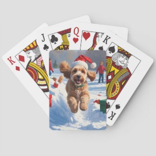 Jeu De Cartes Cockapoo courant dans la neige avec un chapeau de