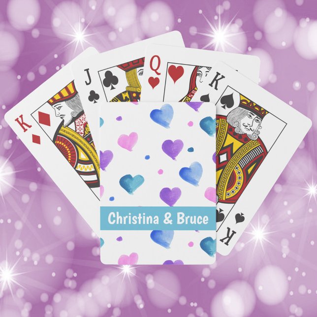 Jeu De Cartes Coeurs Aquarelle Personnaliser Pink Blue (A deck of playing cards that you can personalize with pink, blue, purple hearts)