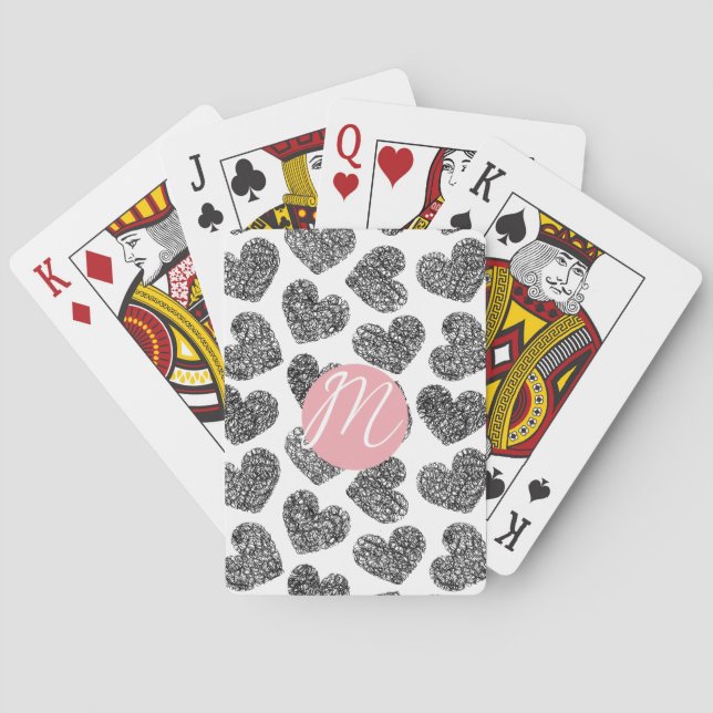 Jeu De Cartes Coeurs de Doodle Noir et Blanc modernes Monogramme (dos)