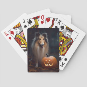 Jeu De Cartes Collie à poil long d'Halloween avec citrouilles ef