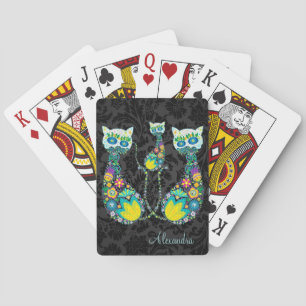 Jeu De Cartes Colorful Retro Floral Cat-Custom Text