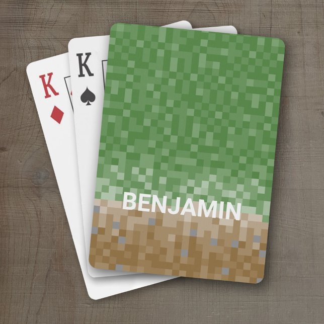 Jeu De Cartes Conception de pixels Brown et verte avec nom perso (Personalized Playing Cards - Pixel Miner)