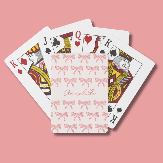 Jeu De Cartes Coquette aux arcs rose et rouge rayé (Girls blush pink coquette striped bow playing cards with script first name. Address to reverse.)