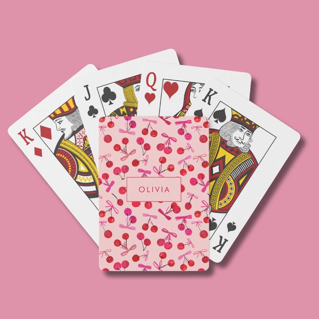 Jeu De Cartes Coquette Cherry & Bow (Coquette cherry and bow girly pattern playing cards. Personalize with your own name or initials.)