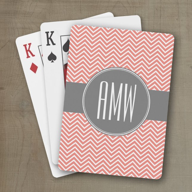 Jeu De Cartes Corail Pêche Gris Chevrons Personnalisé Triple Mon (Personalized playing cards)