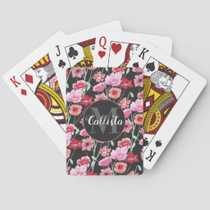 Jeu De Cartes Corail rouge rose noir Fleurs d'aquarelle Monogram