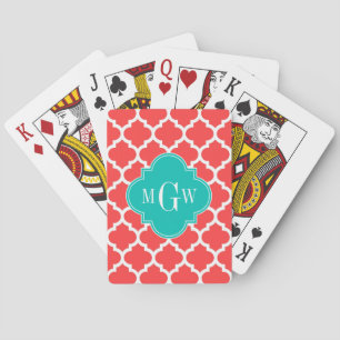 Jeu De Cartes Coral Red Wht Moroccan #5 Teal 3 Initial Monogram