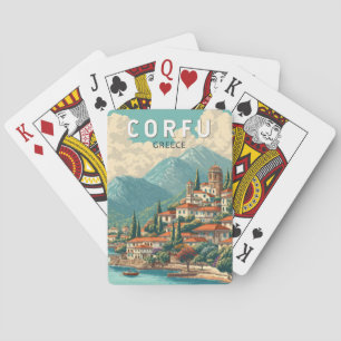 Jeu De Cartes Corfou Grèce Illustration Voyage Art Vintage
