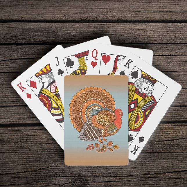 Jeu De Cartes Couleurs d'automne Dinde Feuilles Thanksgiving (Male turkey fanned tail colourful Autumn coloured feathers leaves on orange blue deck playing cards.)