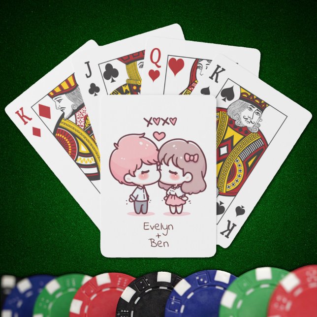 Jeu De Cartes Couple de baisage à la chibi personnalisé doux (Sweet Personalized Chibi-Style Kissing Couple Playing Cards)