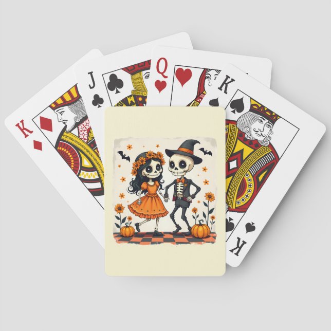 Jeu De Cartes Couple de squelette d'Halloween mignon en orange (dos)