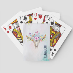 Jeu De Cartes Crâne animal Boho avec papillons et fleurs