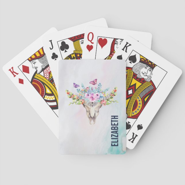 Jeu De Cartes Crâne animal Boho avec papillons et fleurs (dos)