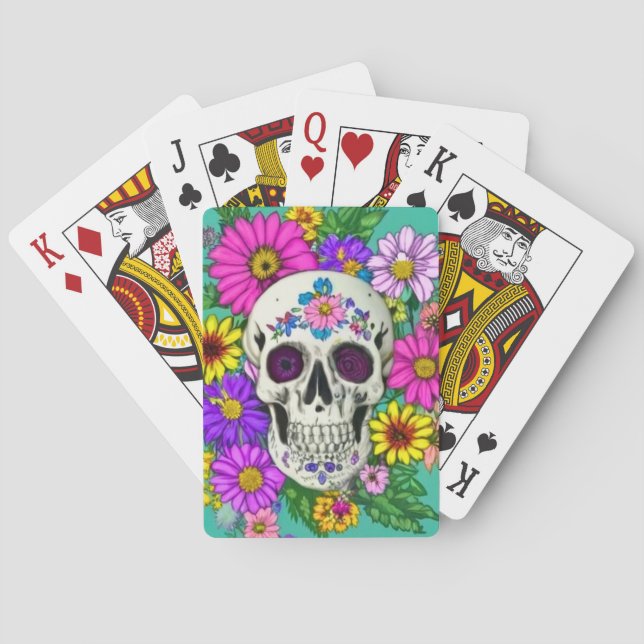 Jeu De Cartes crâne coloré avec fleurs (dos)