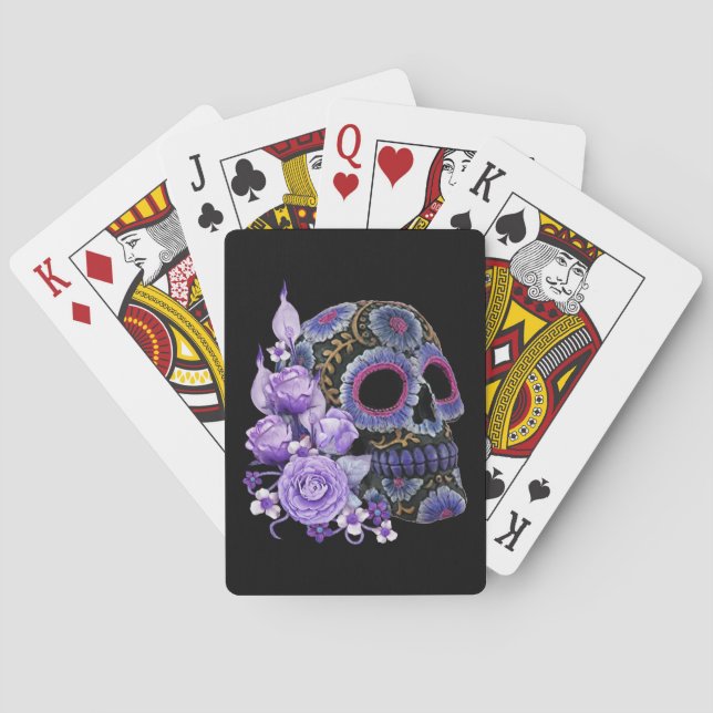 Jeu De Cartes Crâne de sucre noir violet Floral Jour des morts (dos)