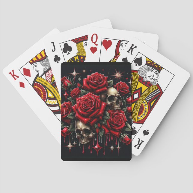 Jeu De Cartes Crânes dorés et roses rouges scintillent de glamou (dos)