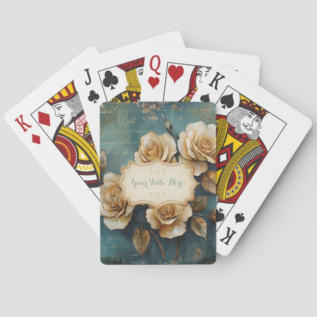 Jeu De Cartes Create Your Own Teal & Gold Rose Bouquet Floral (dos)