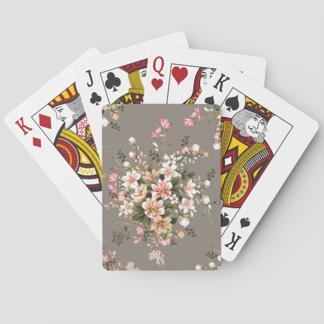 Jeu De Cartes Crème, fleurs roses sur gris. (dos)