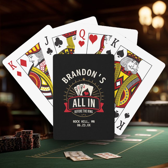 Jeu De Cartes Custom Name Casino Bachelor Party Black Poker (Black bachelor party playing card box with gold "All In Before the Ring" poker graphic)