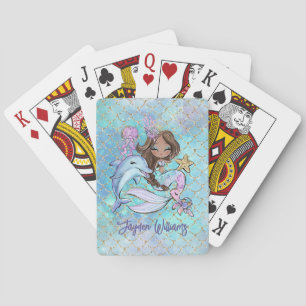 Jeu De Cartes Cute Brown Sirène Nom personnalisé Fille Anniversa