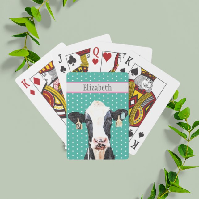 Jeu De Cartes Cute personnalisée Holstein Dairy Cow Nom animal (Holstein cow playing cards on a pretty blue teal background.)