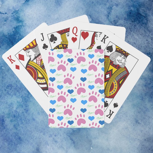 Jeu De Cartes Cute Pink Cat Paw Prints Blue Hearts Meow (A deck of playing cards with a pattern of paw prints, hearts and meows.)