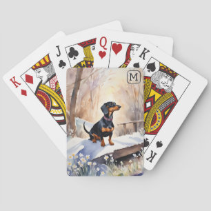 Jeu De Cartes Dachshund Chien Monogrammé Élégant Aquarelle Neige