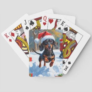 Jeu De Cartes Dachshund Courir en neige avec Casquette de Noël