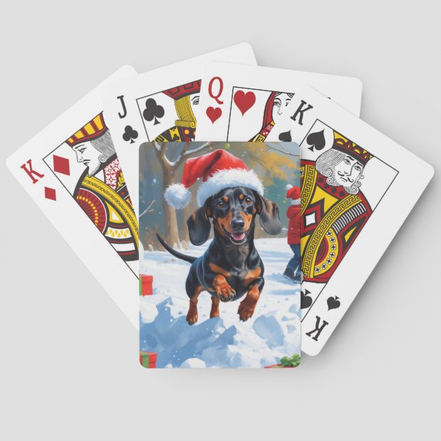 Jeu De Cartes Dachshund Courir en neige avec Casquette de Noël (dos)