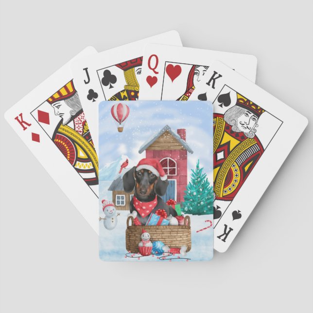 Jeu De Cartes Dachshund dans une maison de Noël enneigée  (dos)
