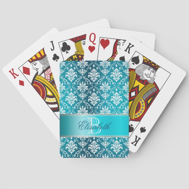 Jeu De Cartes Damassé bleue et blanche d'Aqua de monogramme (dos)