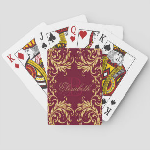 Jeu De Cartes Damassé d'or de monogramme sur rouge foncé