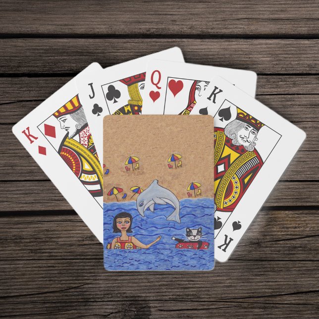 Jeu De Cartes Dame de l'art populaire, chat, plage, océan, dauph (Lady with cat inner tubes swimming in ocean jumping dolphin beach umbellas on deck of playing cards.)