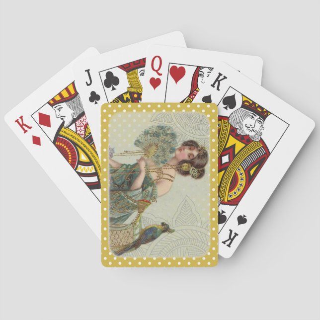 Jeu De Cartes Dame et perroquet vintage à pois dorés et blancs (dos)