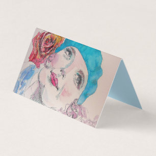 Jeu de cartes d'aquarelle de fille avec Rose Rouge