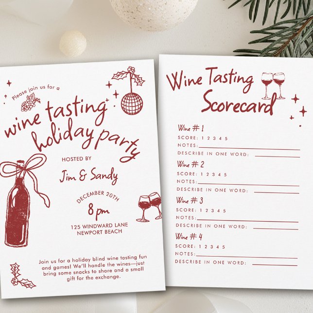 Jeu de Cartes de Notation pour Soirée de Dégustati (wine tasting holiday party drinks hand drawn winery charcuterie friendsmas blind christmas santa)