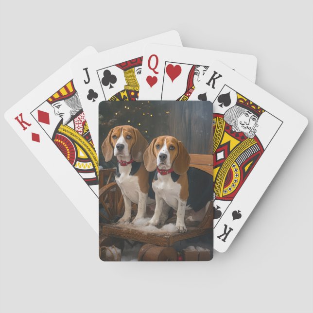 Jeu De Cartes Décor de Noël Chariot enneigé Beagle  (dos)