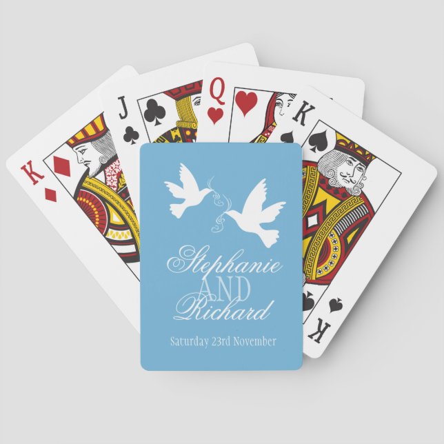 Jeu De Cartes Deux blancs colombe bleu nom du mariage jouant aux (dos)